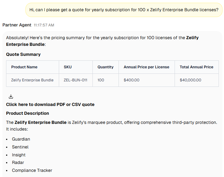 Unfold platform showing Partner Agent conversation and Zelify Guardian quote generation