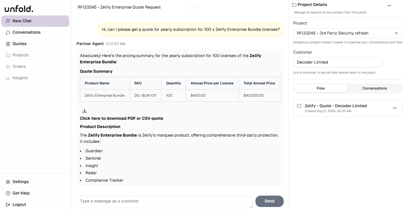 Unfold platform showing Partner Agent conversation for Zelify Guardian quote generation with detailed pricing breakdown