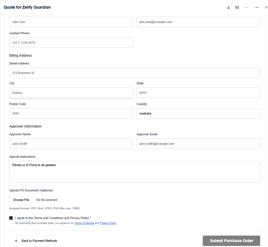 Unfold platform showing effortless order submission form for Zelify Guardian quote